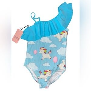 HailuHau Kids Blue Unicorn One-Shoulder Ruffle Swimsuit